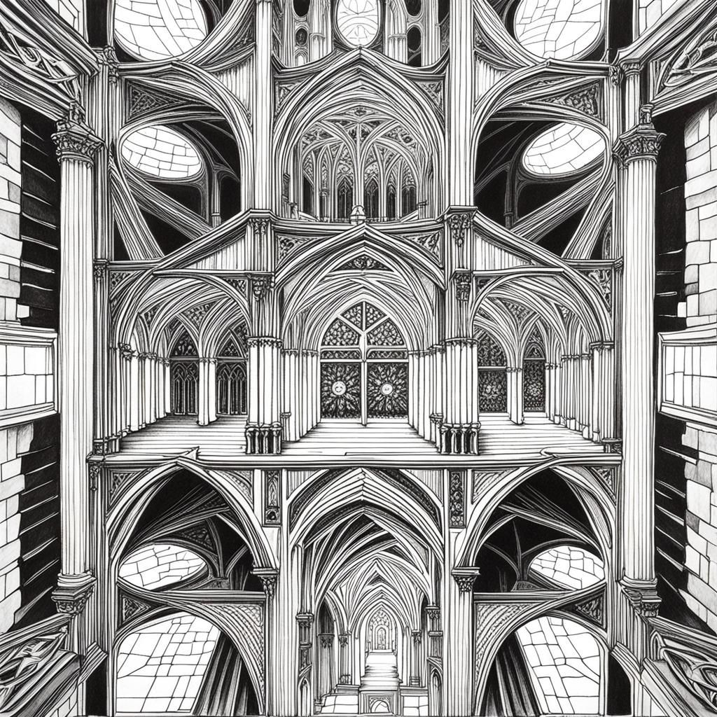 Cathedral Nave in M.C. Escher Style