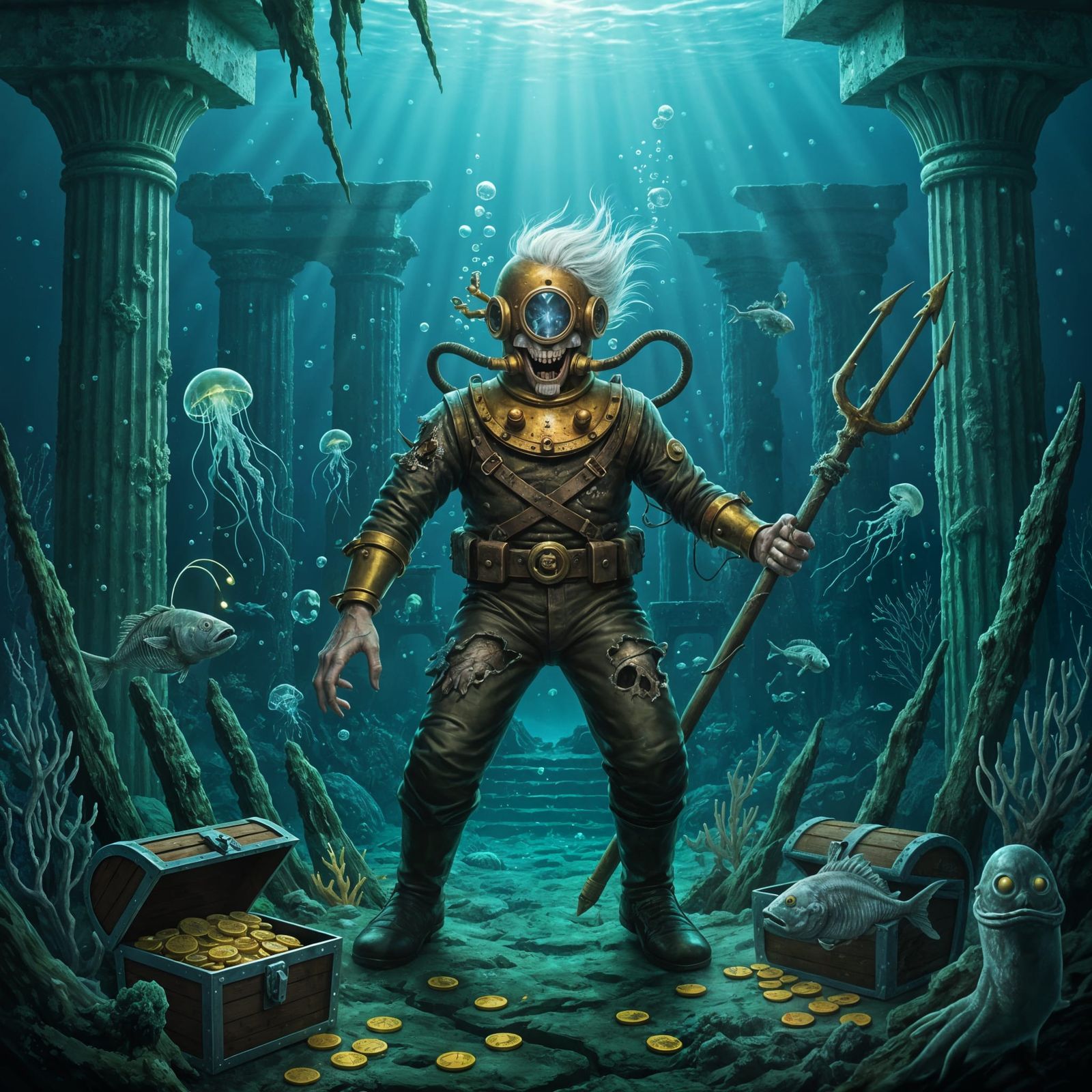 Deep Sea Horror: Skeletal Diver in Bioluminescent Depths