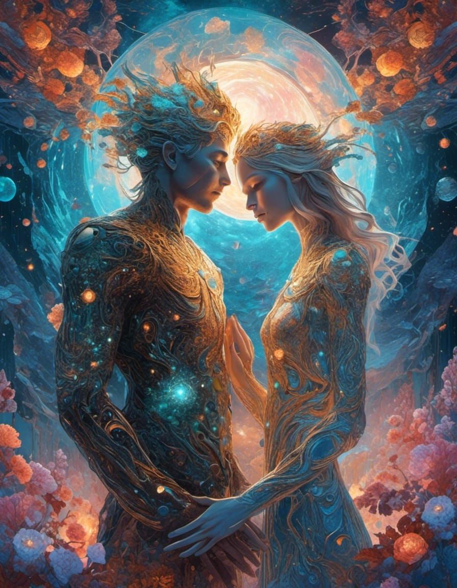 Lovers Holding Hands in Cosmic Mixed Media