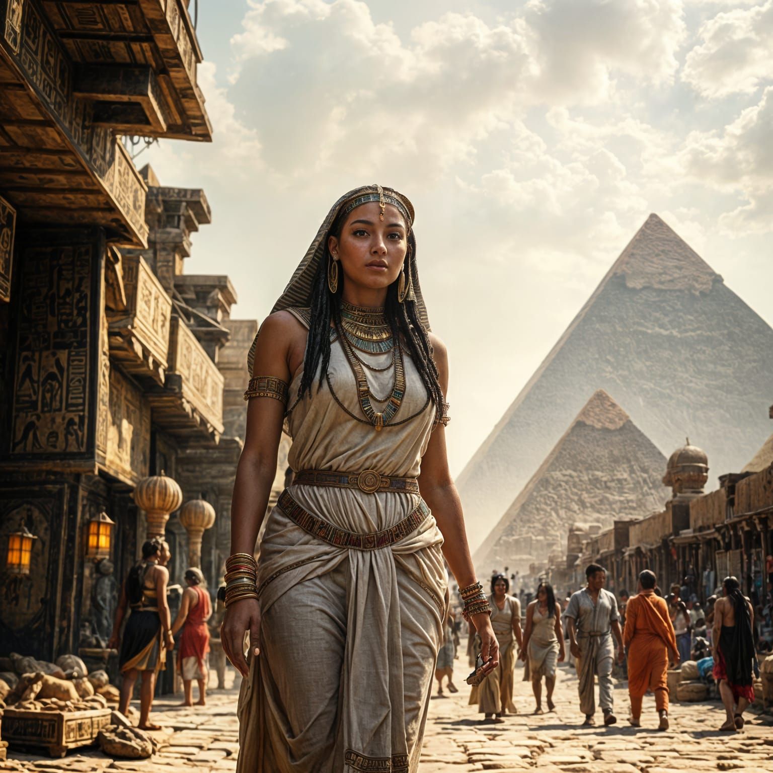 Egyptian Woman in Bustling Ancient Marketplace