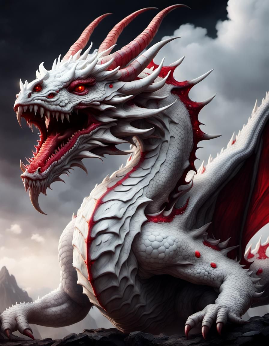 Majestic White Dragon with Red Markings in Dark Fantasy Styl...