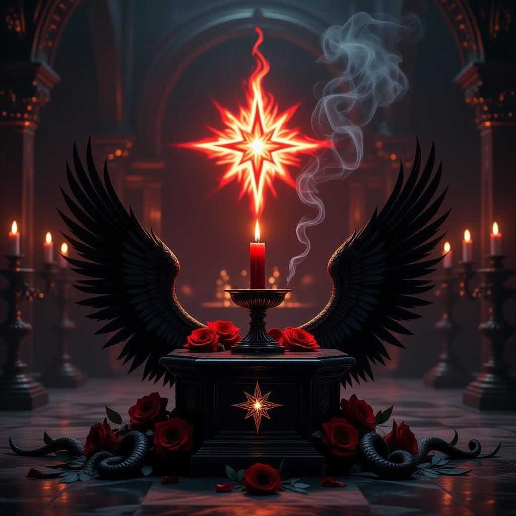 Sacred Lucifer Altar in Crimson and Gold Light