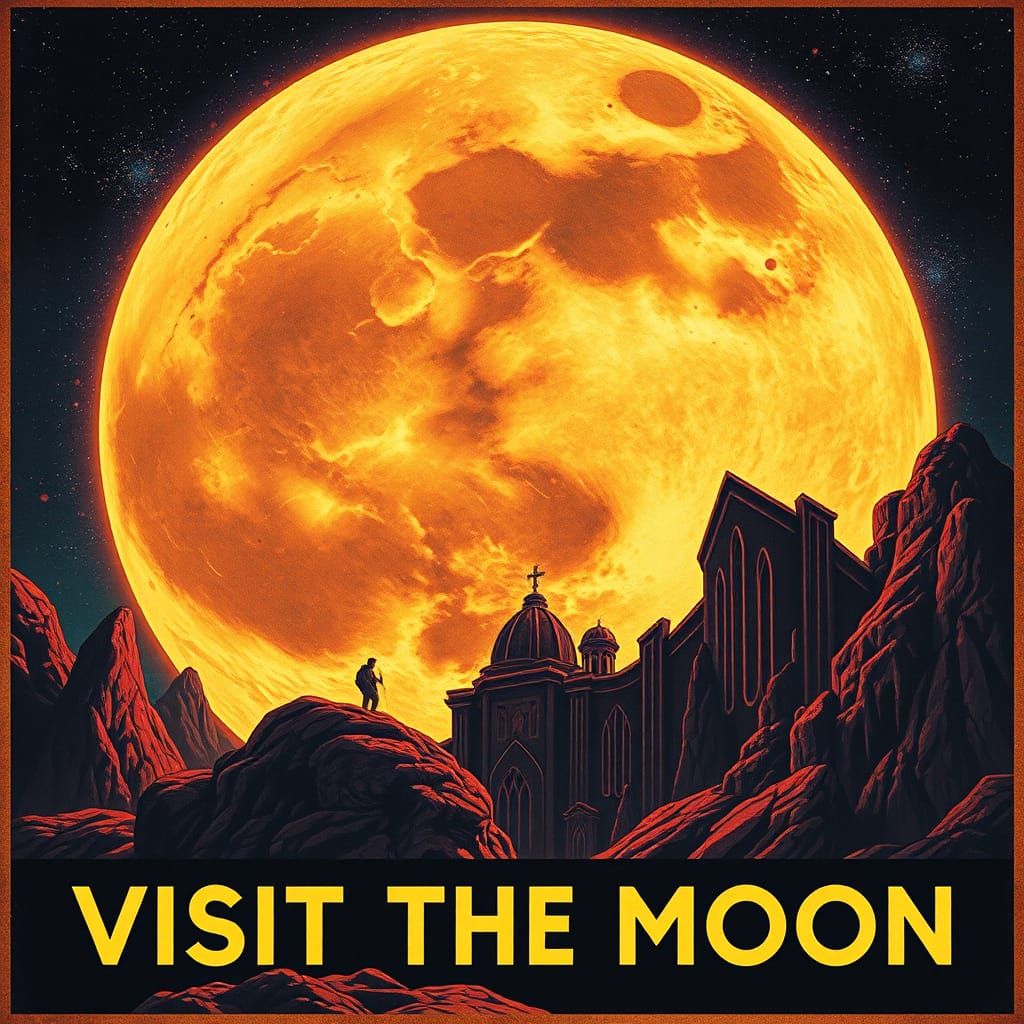 Visit the Moon: Vintage Fantasy Travel Poster