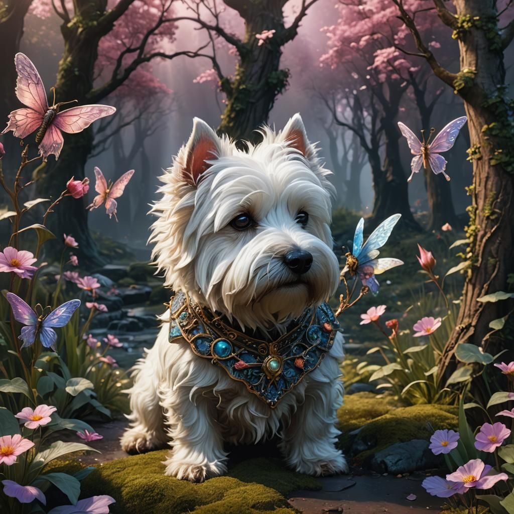 Westie Dog and Fairy in Detailed Fantasy Art