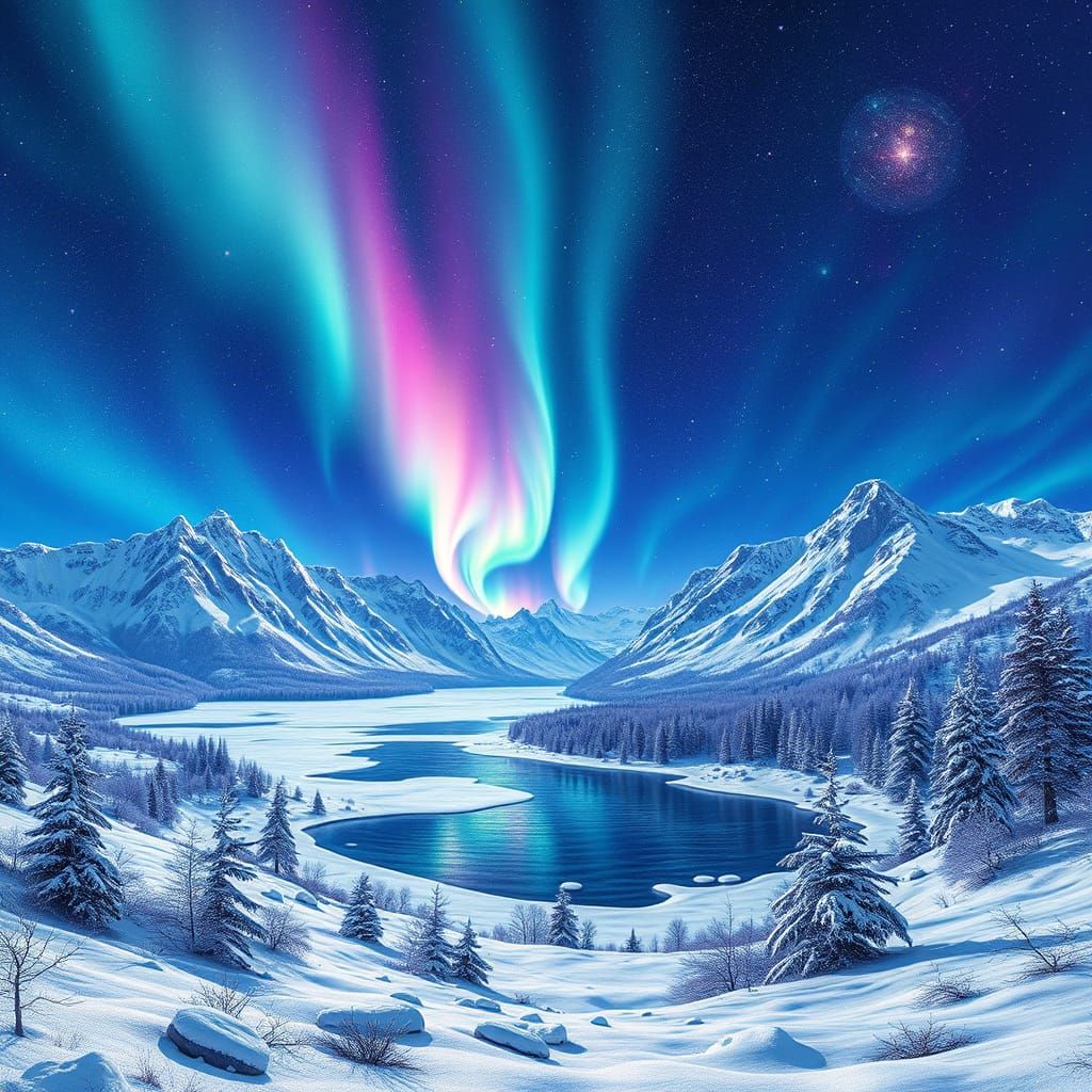 Winter Aurora Over Snow Mountains in Psychedelic Style
