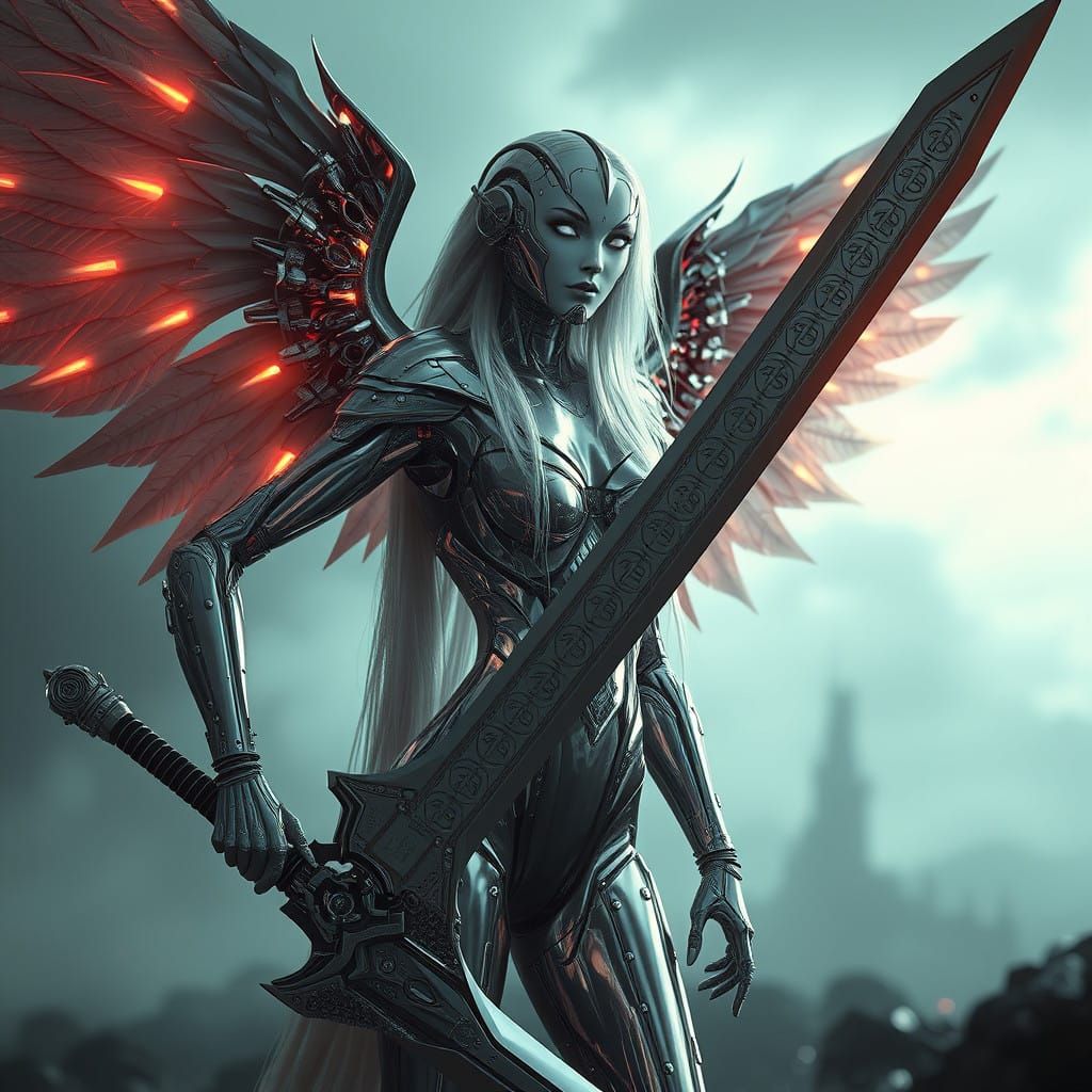 Cybernetic Goddess with Shimmering Chrome Body and Wings
