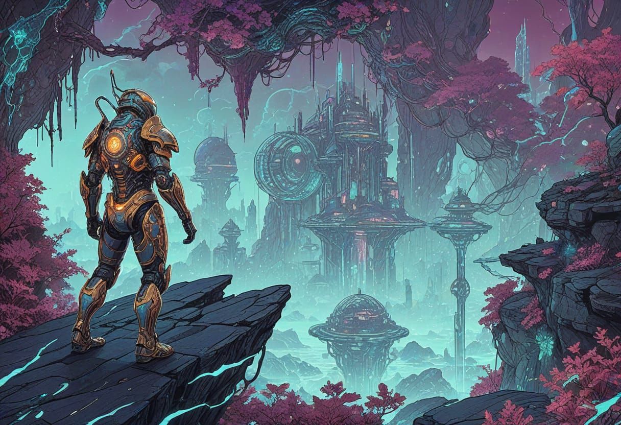 Cyborg Adventurer on Cliffside in Futuristic Fantasy Art