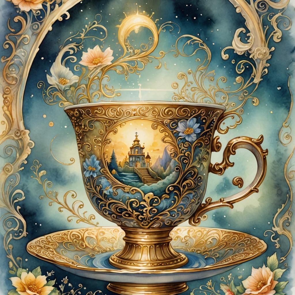 Heavenly Stairway in Antique Teacup: Whimsical Fantasy Art