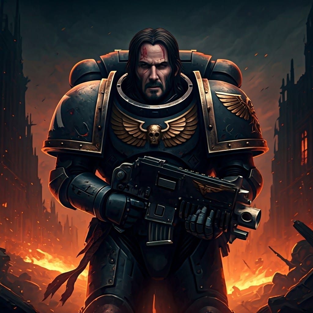 Sci-Fi Warrior in Burning Cityscape