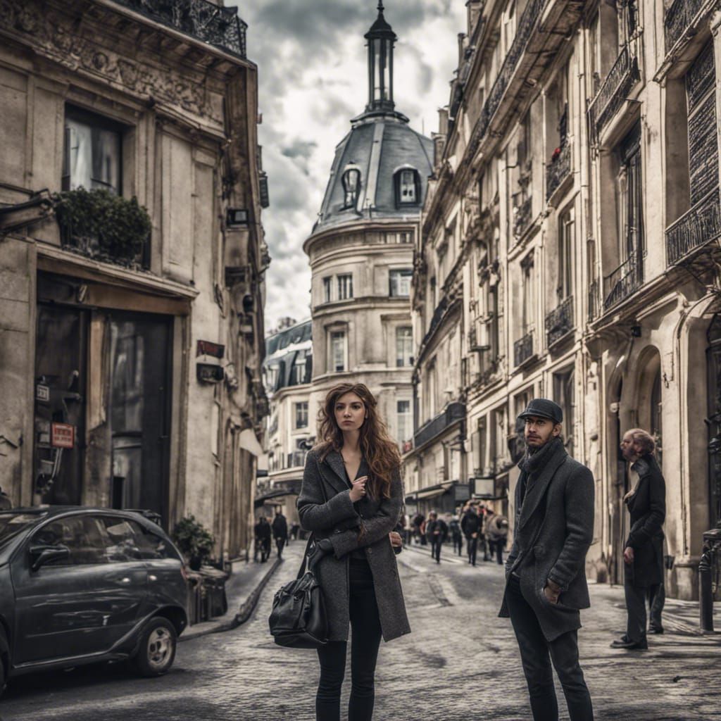 Romantic French Couple in Paris, Hyperrealistic Style