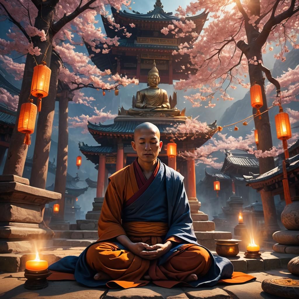Monk's Mystical Meditation in Eastern Temple