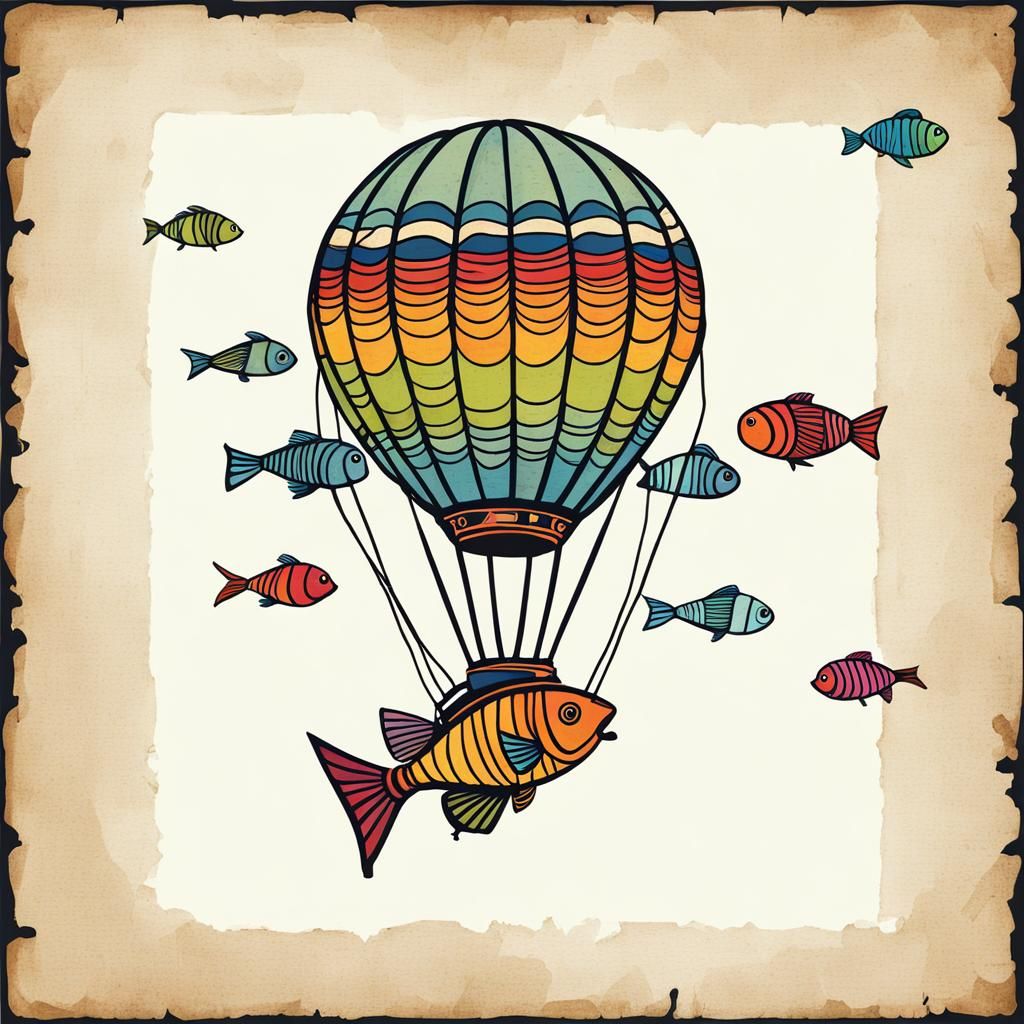 Whimsical Fish Hot Air Balloon in Art Brut Style