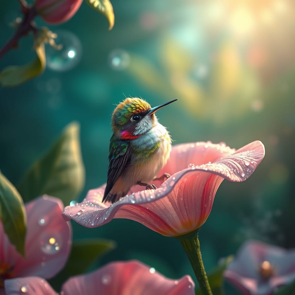 Whimsical Baby Hummingbird in Enchanted Floral Realm