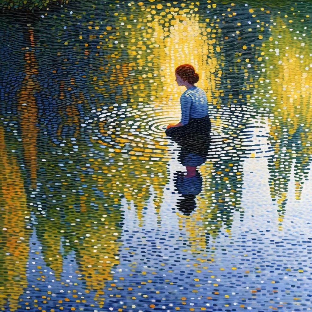 Pointillist River Portrait in Seurat's Style