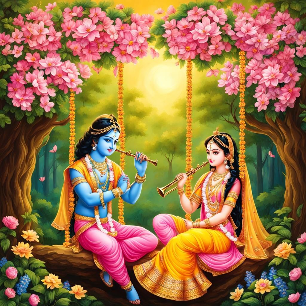 Radha Krishna on Flower-Adorned Swing in Forest