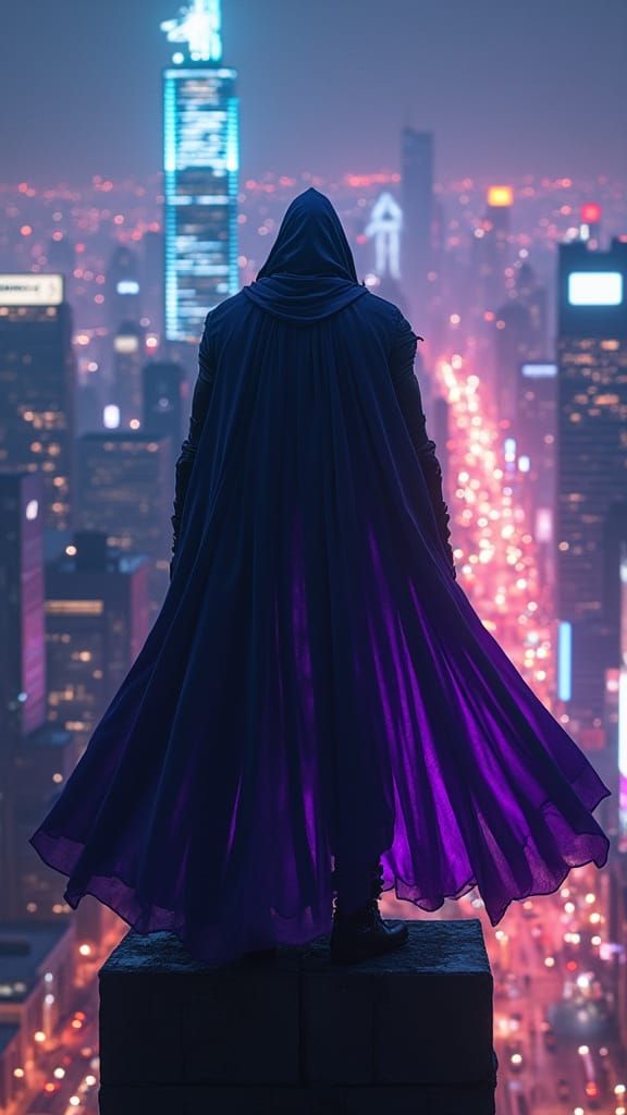 Mysterious Figure Overlooking Futuristic Cityscape at Night