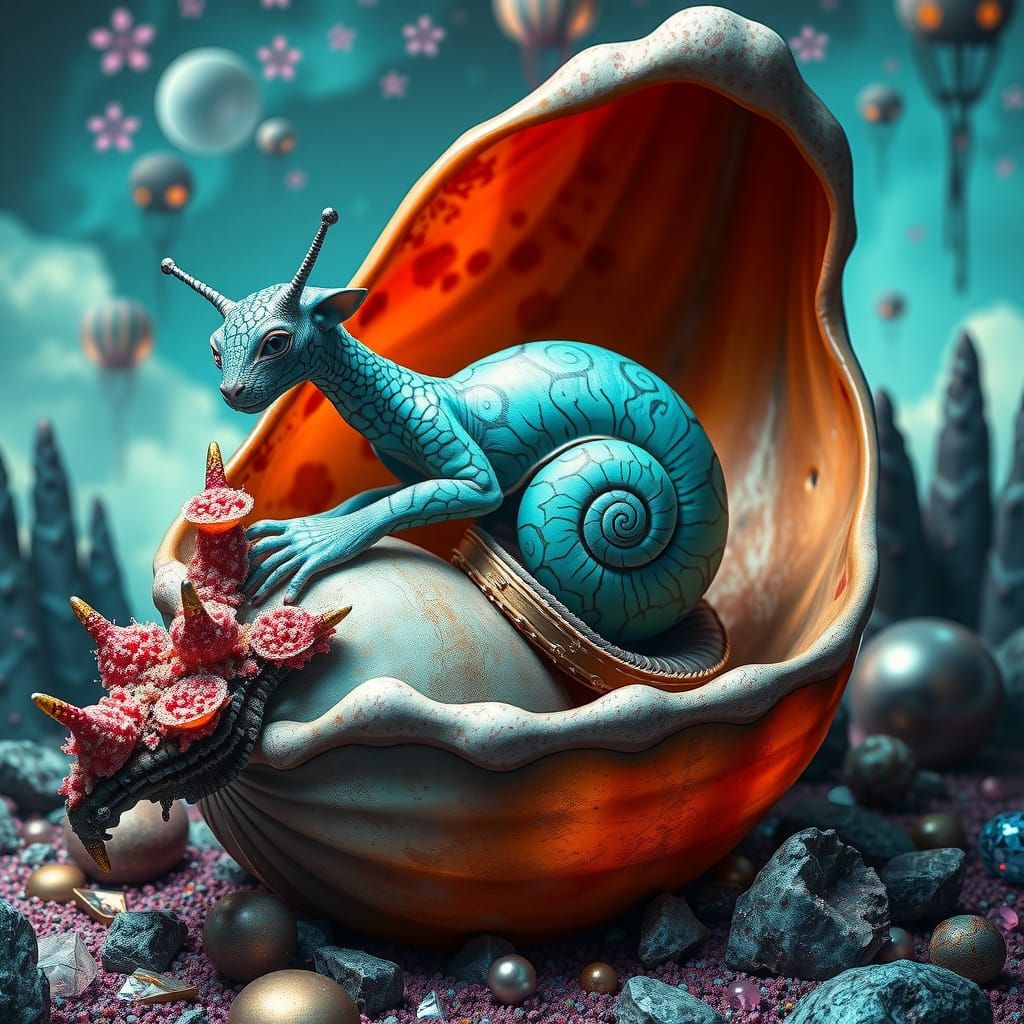 Ethereal Cheetah-Snail Hybrid in Vibrant Teal, Iridescent Pa...