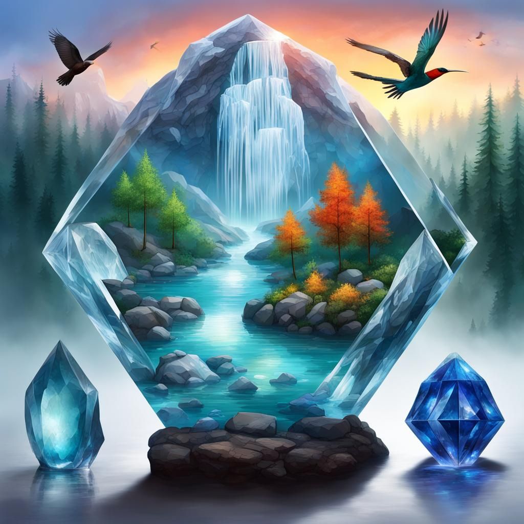 boulders, mountain, emerald trees, sapphire water, diamond ice, a waterfall made of glass that changes from water to fir...
