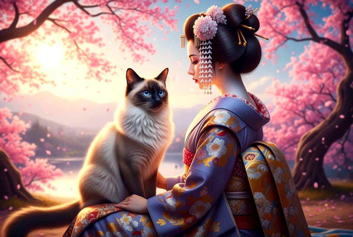 Siamese Cat and Geisha on Japanese Stamp