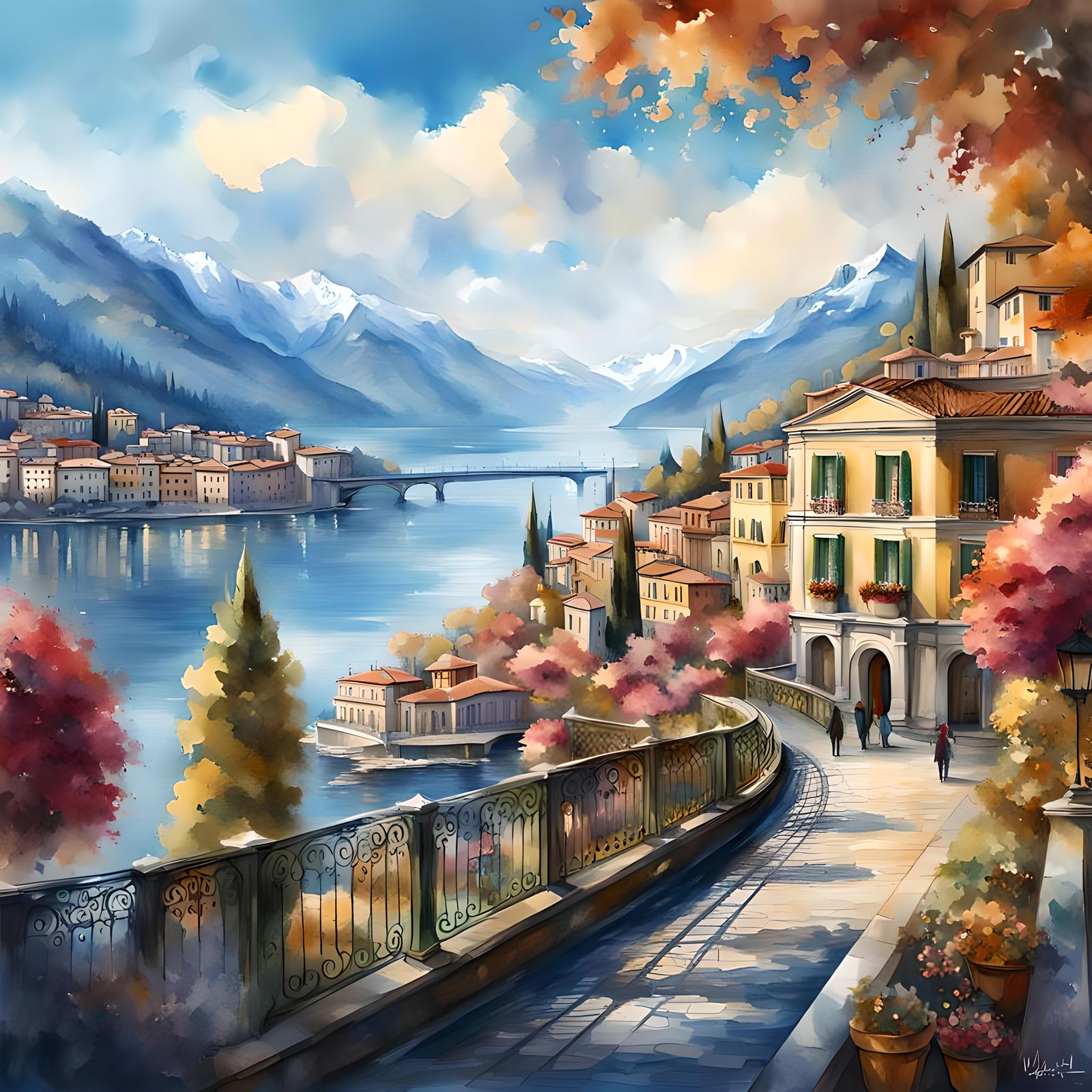 Bellagio Lake Como Watercolour on Winter Day
