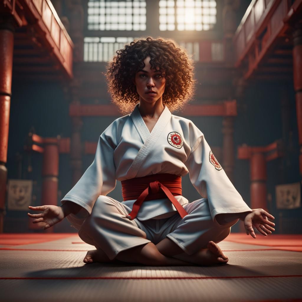 Detailed Matte Painting: Curly Haired Karate Woman