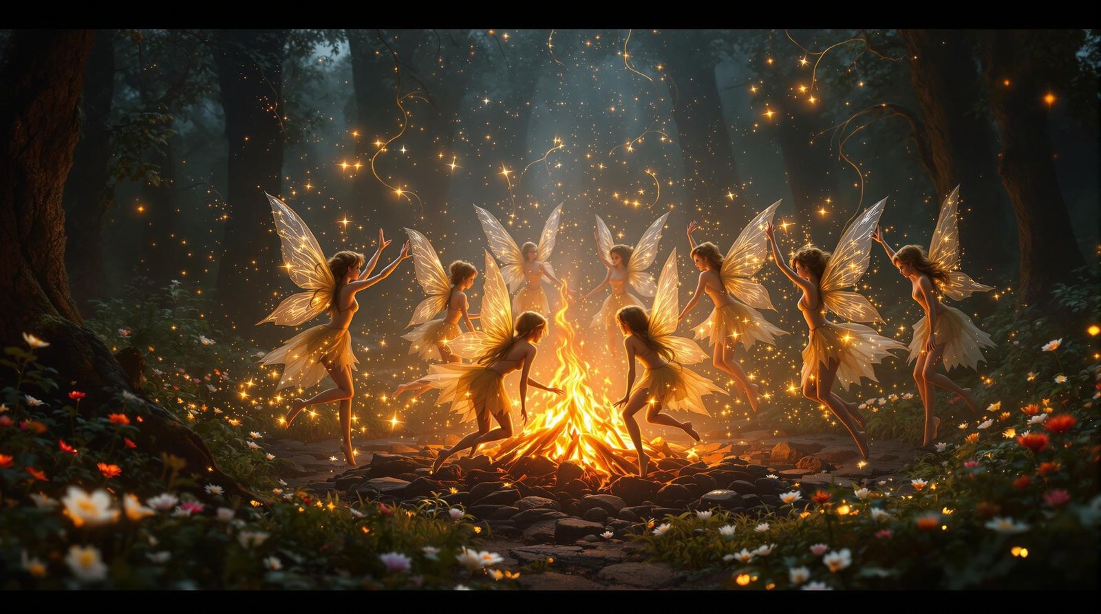 Fairies Dancing Around Bonfire in Enchanted Forest