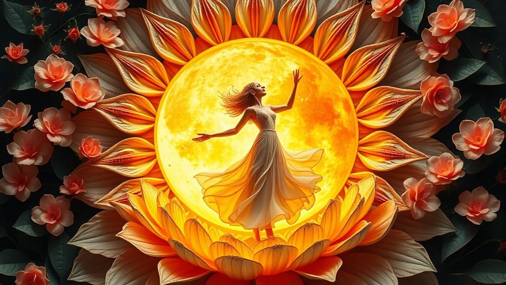 Woman Dancing in Surreal Sun and Moon Flower