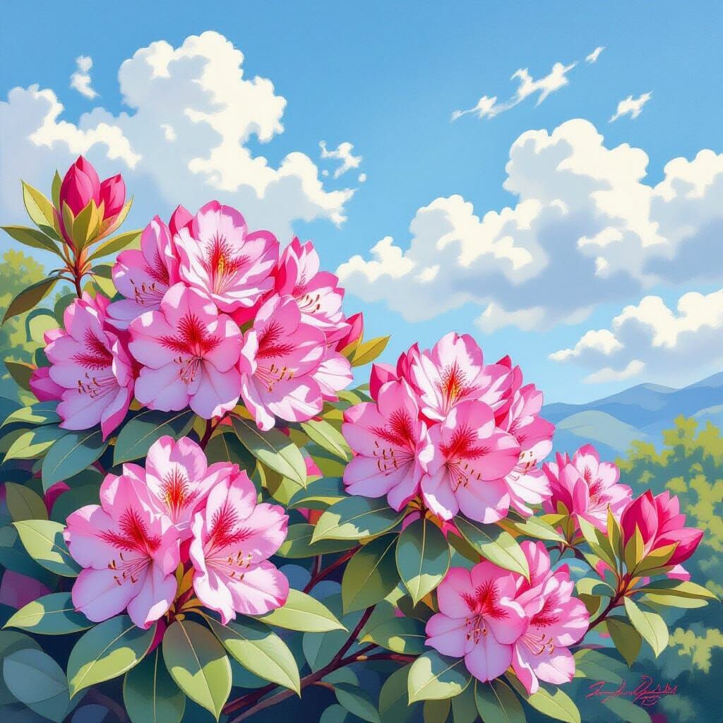 Rhododendron Flowers in Watercolor Style