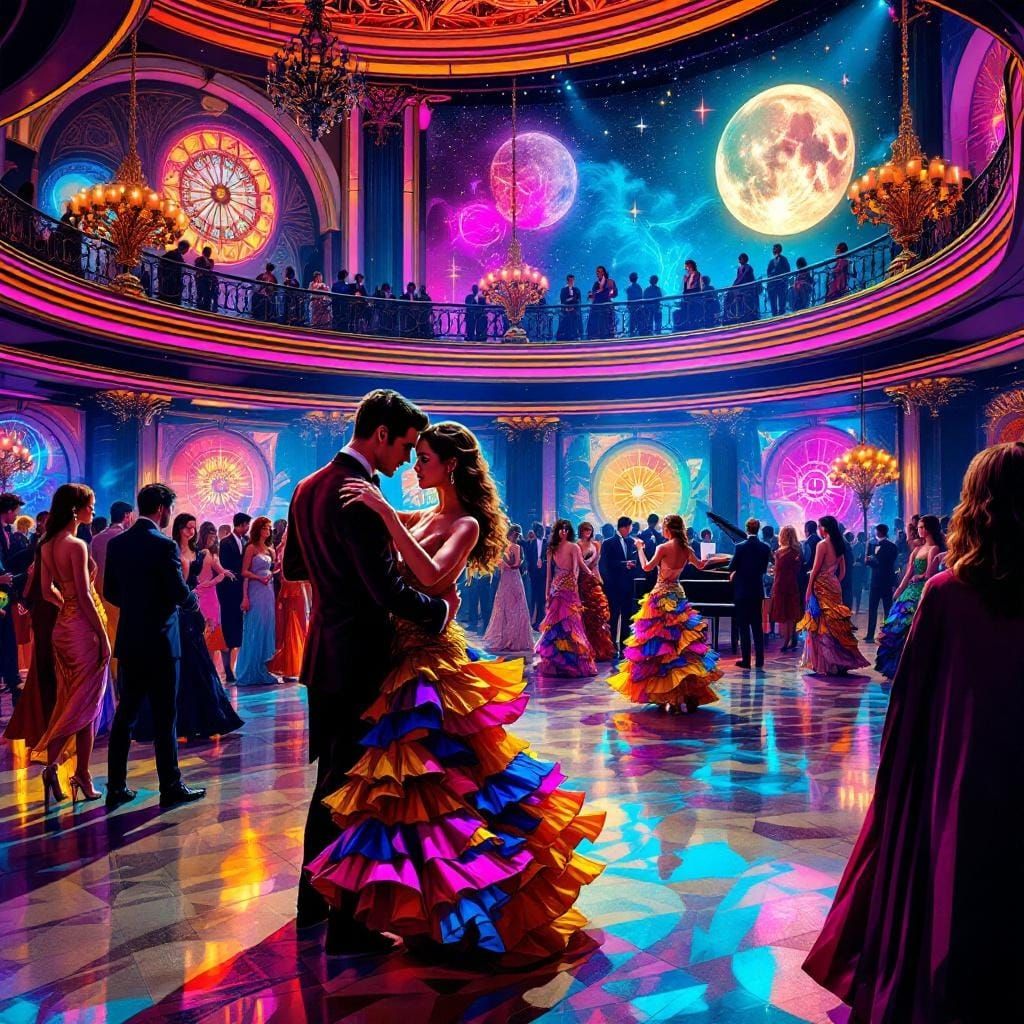 Vibrant Tango Dancers in Futuristic Ballroom