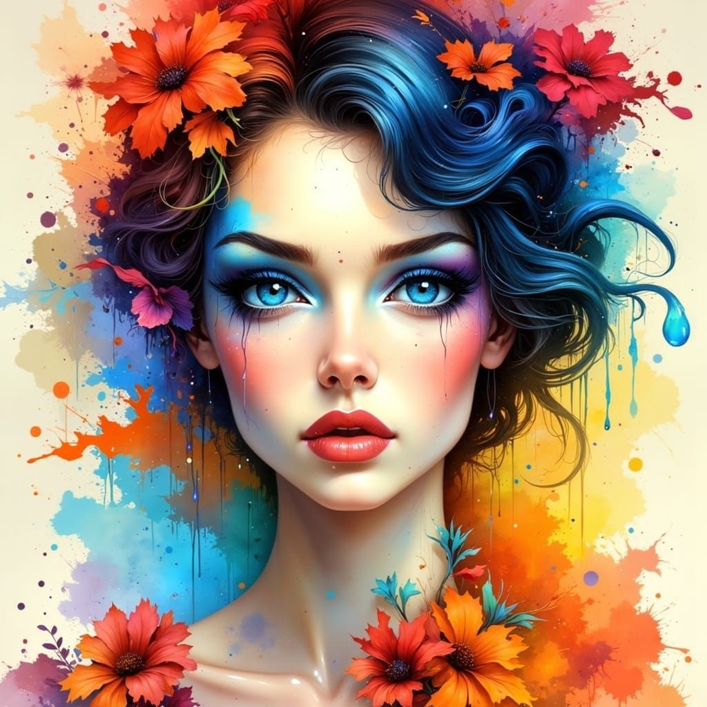 Elegant Woman in Vintage Dress with Piercing Blue Eyes