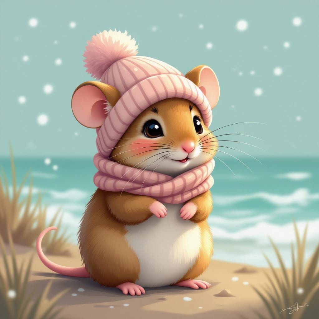 Shy Mouse in Winter Hat: Art Deco Style