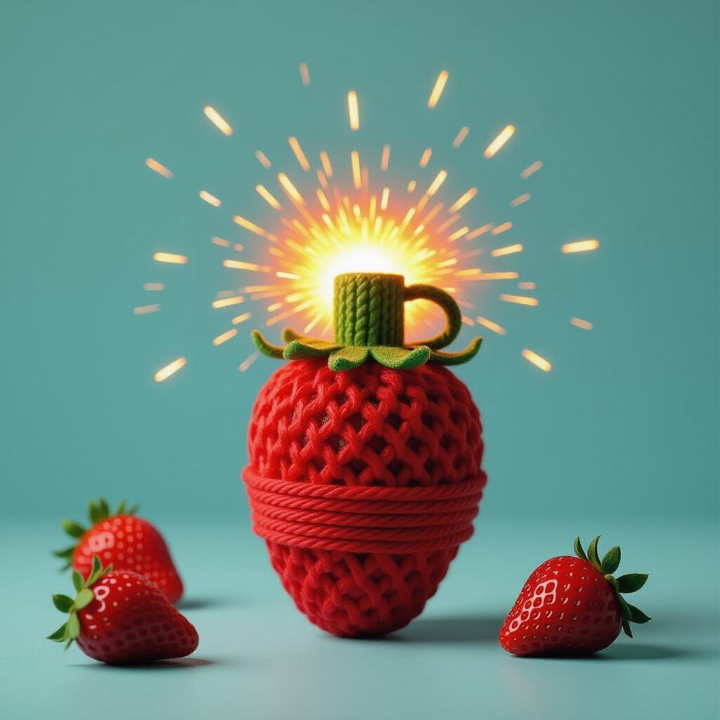 Exploding Strawberry Grenade in Surreal Yarn Art