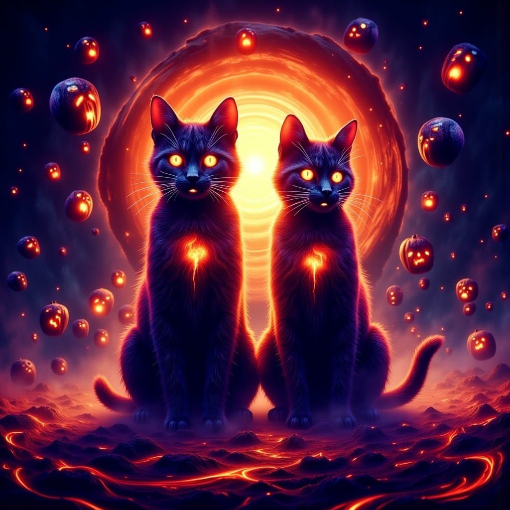 Frightened Cats in Cosmic Halloween Astral Illustration
