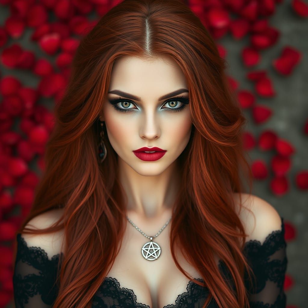 Goddess in Red Attire with Pentagram Necklace