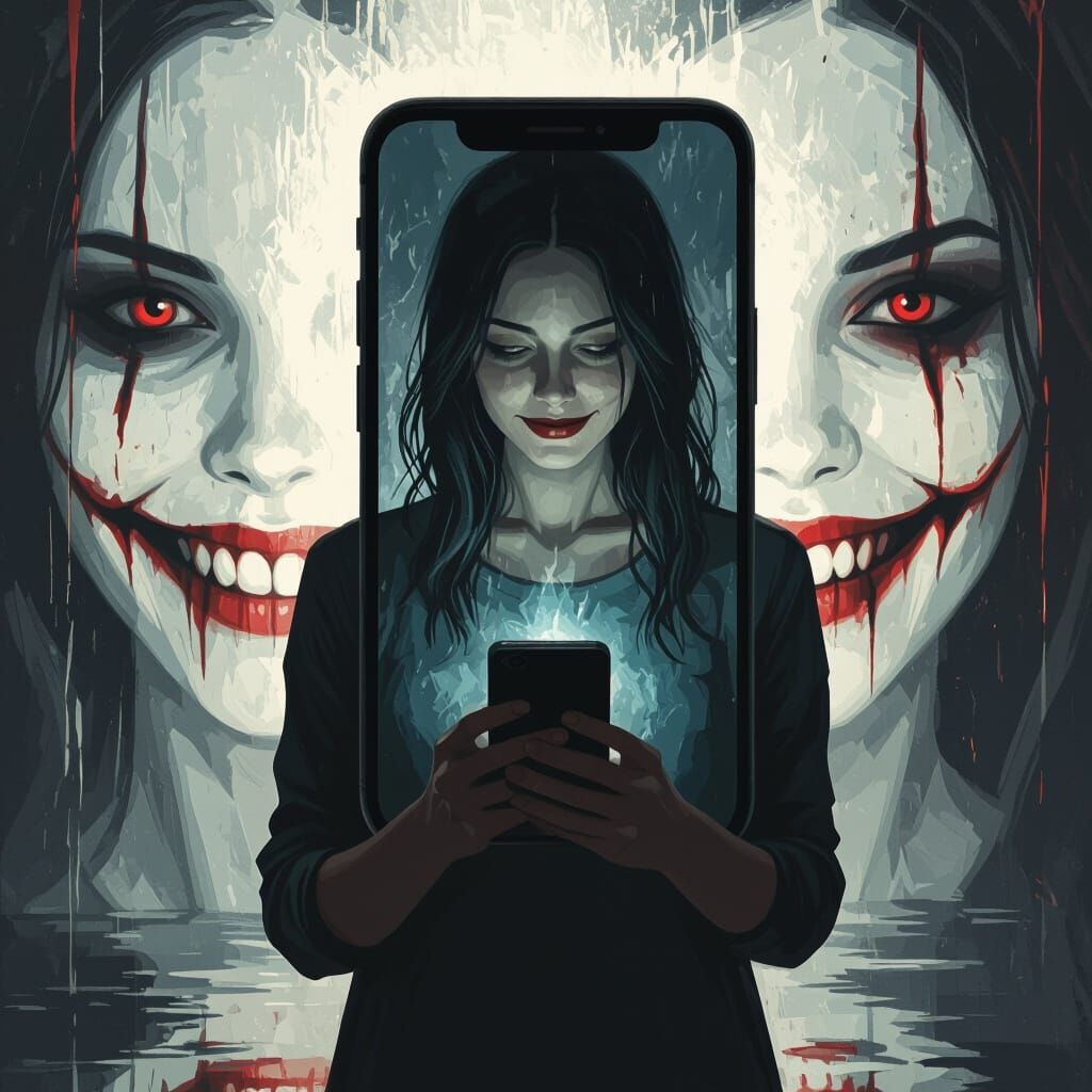Terrifying Reflection of Woman on Mobile Phone Screen