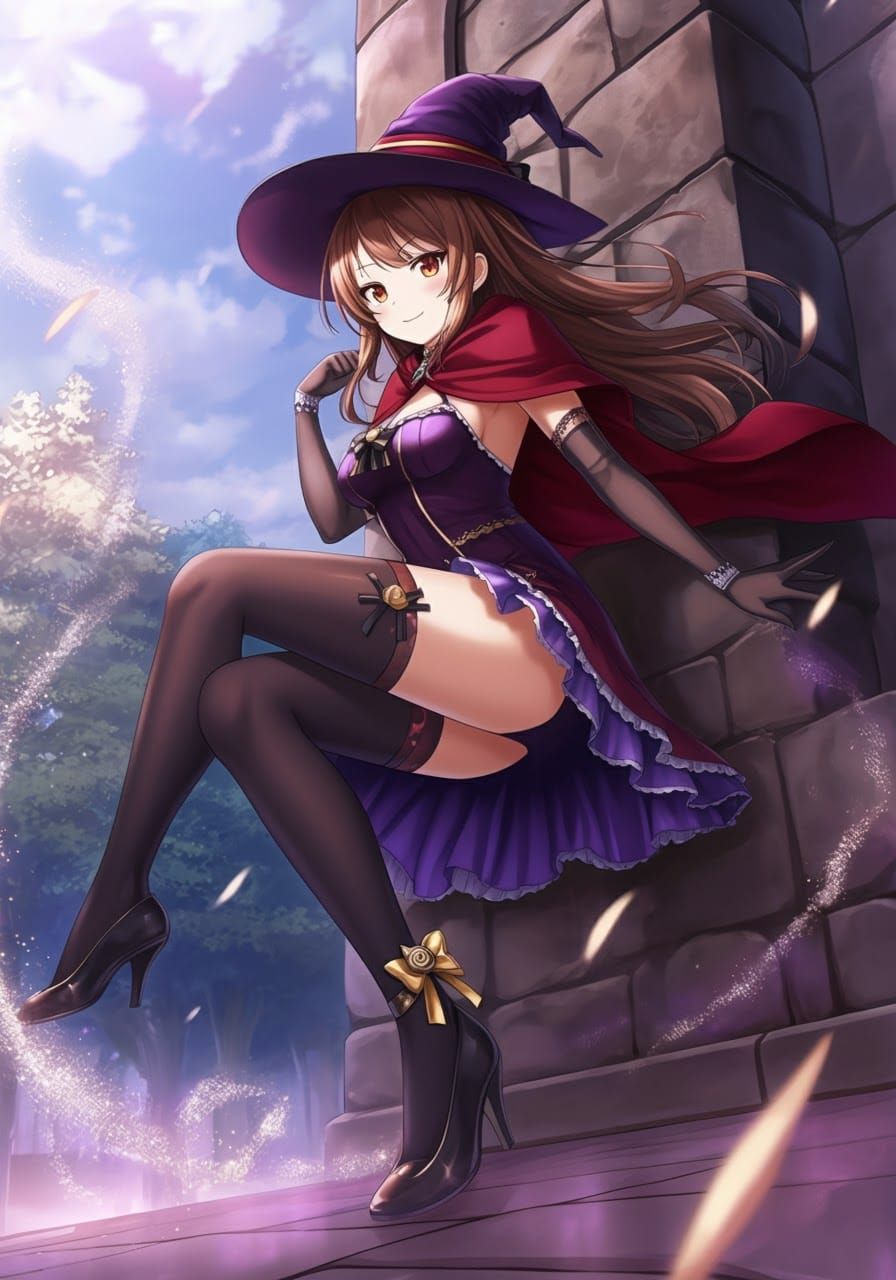 Cute Anime Witch with Sparkling Magic Particles