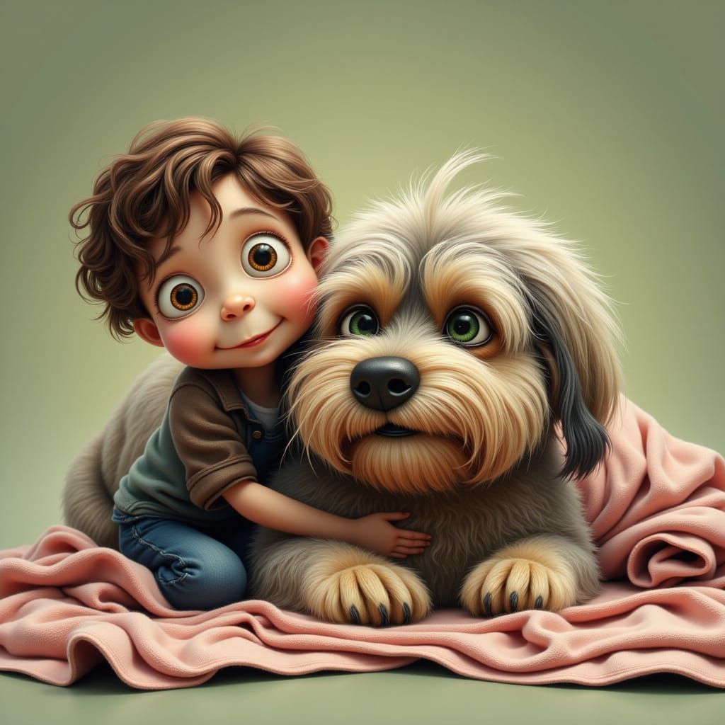Joyful Child Hugs Scruffy Dog in 3D Animation Style