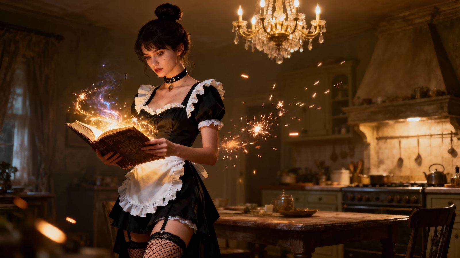 Photorealistic French Maid with Magical Book in Victorian Ki...