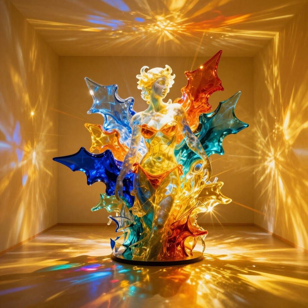 Dichroic Glass Sculpture of Ethereal Queen in Golden Light