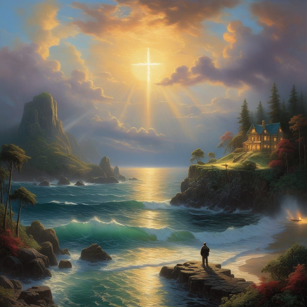 Man on Floating Island with Golden Symbols in Tropical Sea