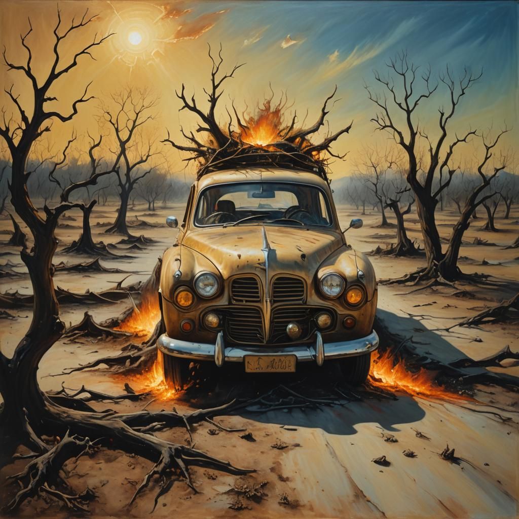 Surreal Car With Angelic and Demonic Elements