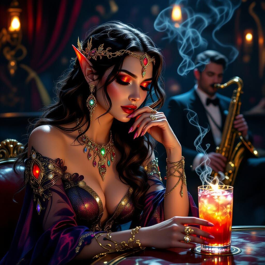 Elven Woman in Jazz Club: Art Nouveau Noir