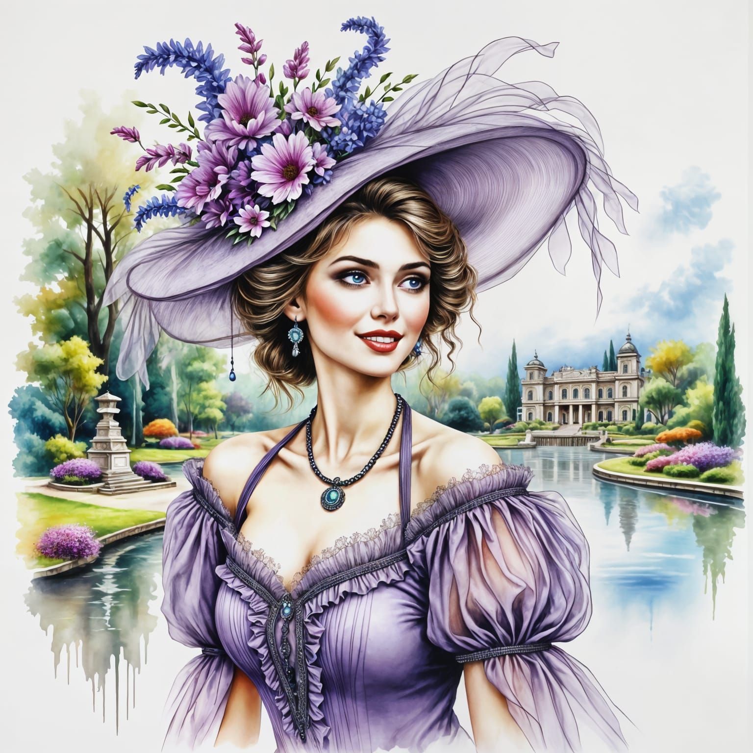Edwardian Woman Portrait with Purple Floral Accents