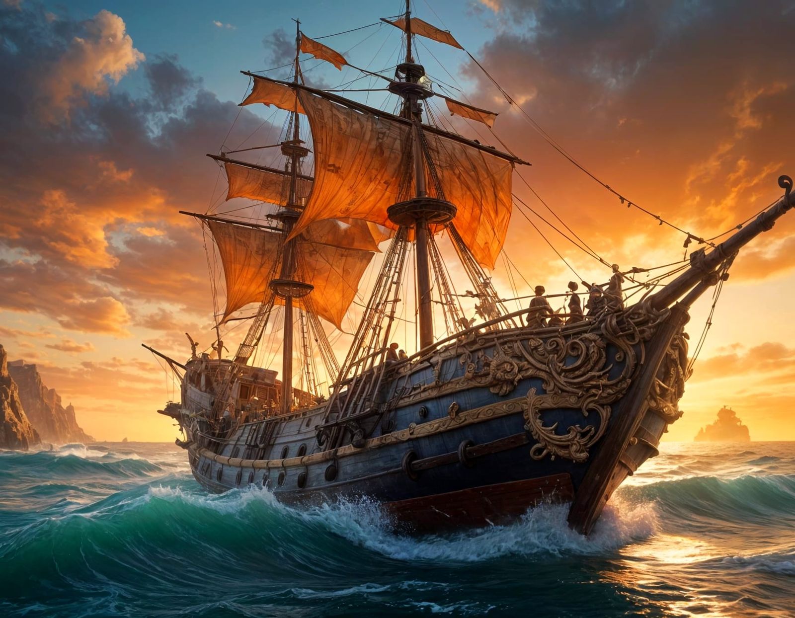 Surreal Spanish Galleon Bow in Fiery Sunset Seascape