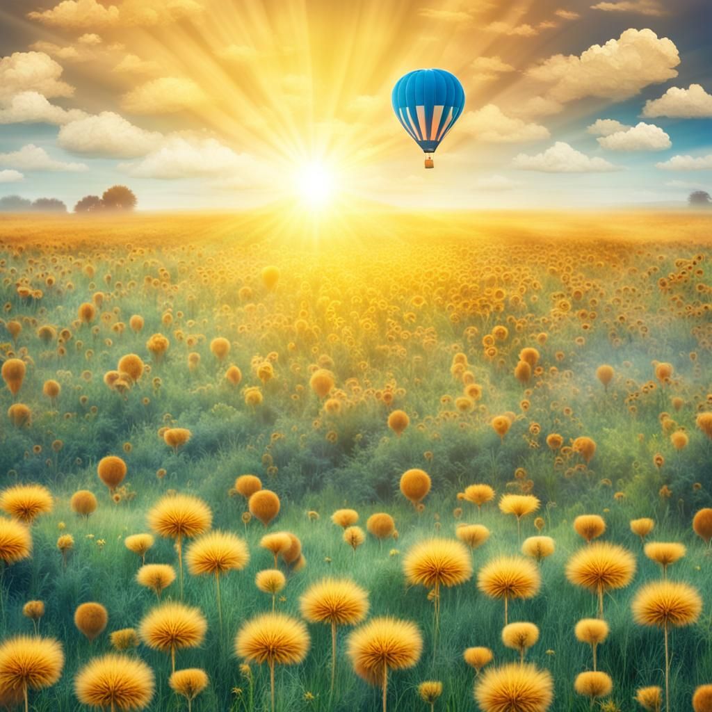 Hot Air Balloon Over Dandelion Field in Sunlight