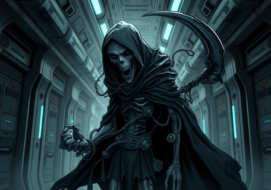 Cybernetic Grim Reaper Stalks Moonbase Corridors