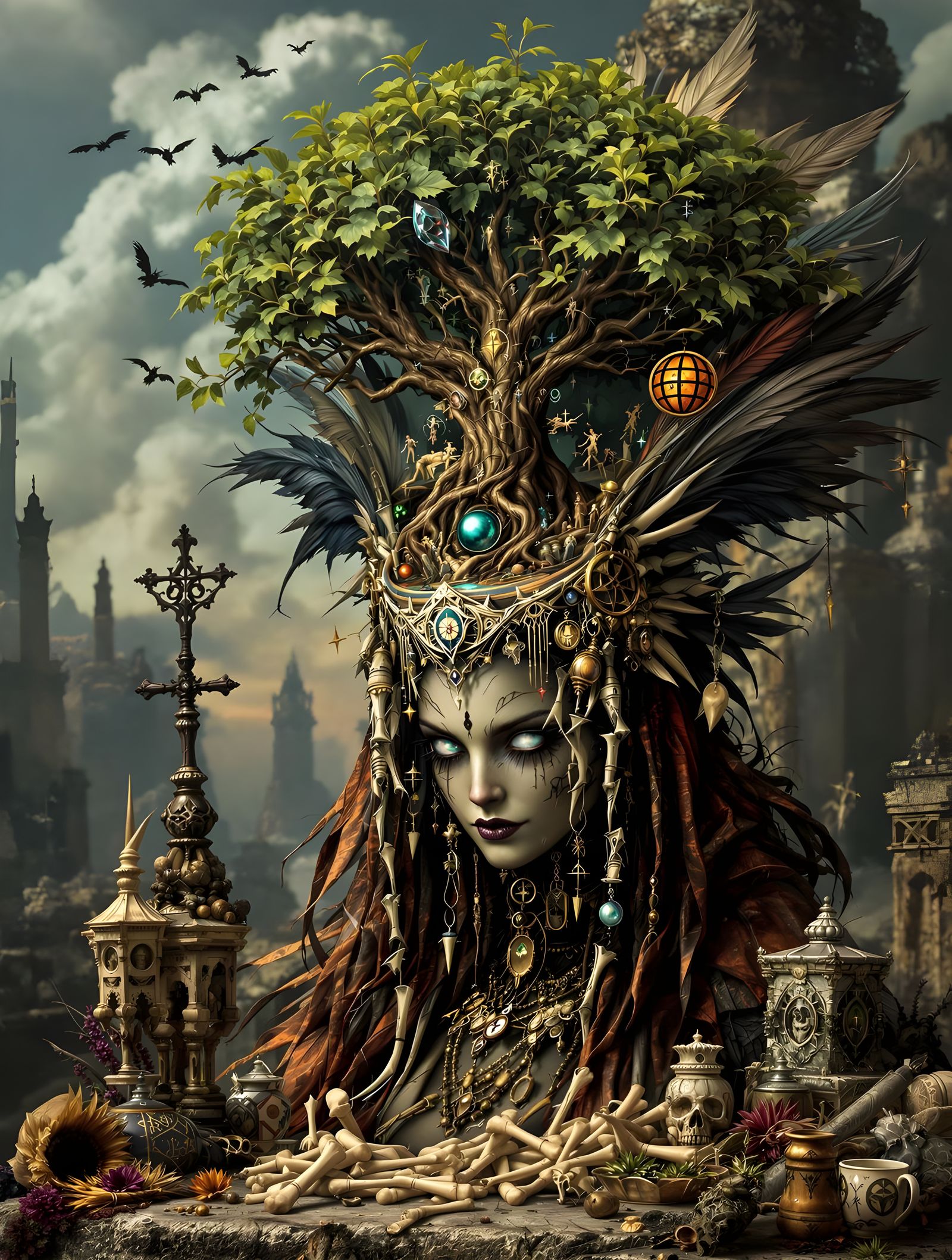 Voodoo Priestess with Miniature Fantasy World in 3D Diorama