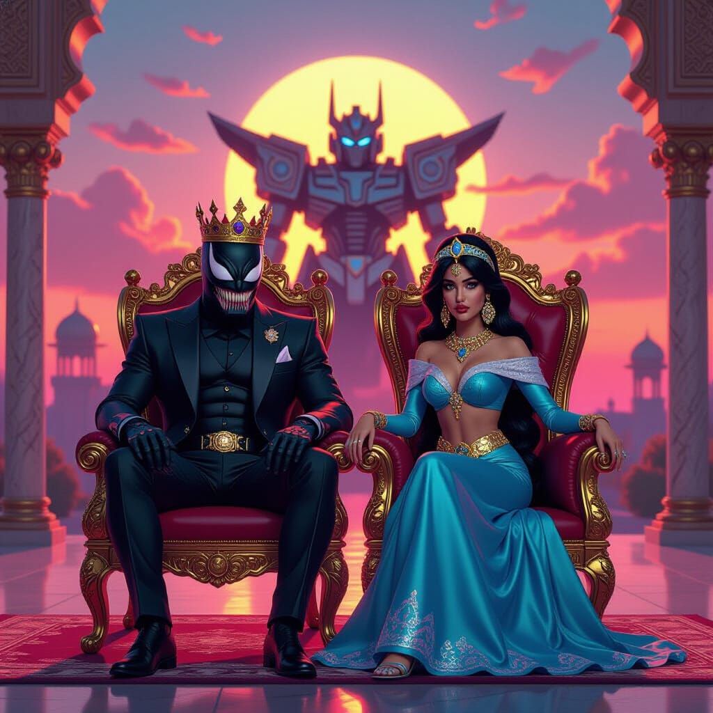 Venom and Jasmine on Thrones in Synthwave Style