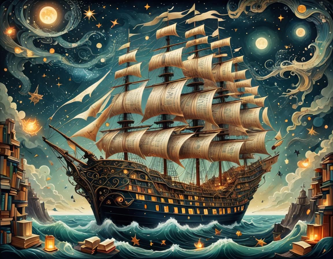 Majestic Book Ship on Literary Ocean, by Android Jones