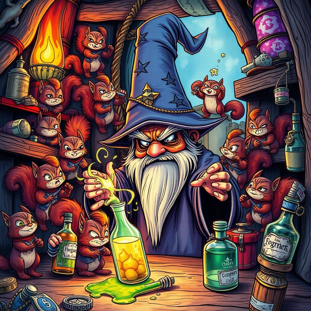 A menacing mob of tiny chibi ninja squirrels swarm over a gr...